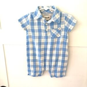 Me & Henry Sandy Blue Plaid Polo Romper. Size 6/9 months
